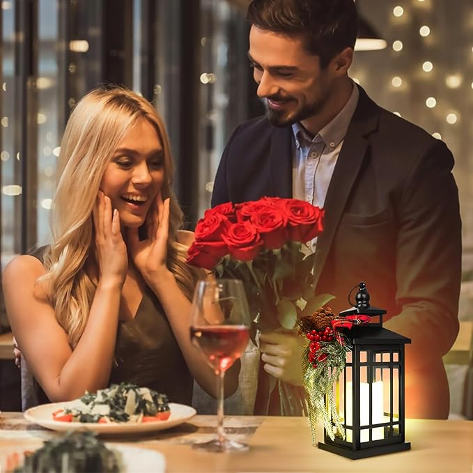 Metal Christmas Decorative Candle Lantern with Led Light,Red Plaid Ribbon,Lighted Hanging Vintage Lanterns for Home Decor Table Fireplace Porch Indoor Outdoor Decorations,Serpro