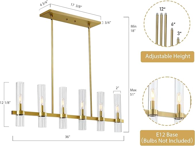 Untrammelife 6-Light Modern Linear Chandelier, 36" Gold Kitchen Island Pendant Lighting with Clear Glass Shade, Adjustable 54" Metal Rod Farmhouse Rectangle Hanging Light Over Table, Dining Room