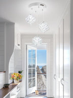 3-Lights Pendants Lightfor Kitchen lsland Chandeliers Dining Room,Square Entryway Light Fixture Hanging Adjustable Height Silver Crystal Chandeliers for Bedroom Hallway Foyer