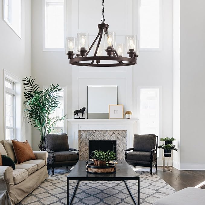8-Light Farmhose Chandelier for Dining Room Light Fixture Oil Rubbed Bronze Kitchen Pendant Light Round Rustic Ceiling Hanging Lighting with Glass Globes Adjustable Height Metal E26