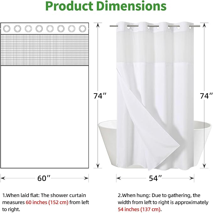 Stall No Hooks Needed Linen Textured Shower Curtain with Snap-in Fabric Liner Set,Hotel Luxury Decor Shower Curtains for Bathroom,Waterproof & Washable,60Wx74H,White