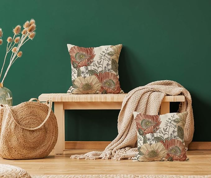 TSSOHU Vintage Flower Throw Pillow Covers 18x18 Brown Rust Colored Floral Botanical Pattern Decorative Pillows Outdoor Linen Farmhouse Cushion Case Country Pillowcase for Sofa Bed Room Decor Set of 2
