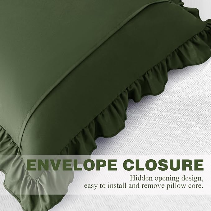 KKJIAF Ruffle Pillow Cases 24x24 Inches, Olive Green Square Ruffled Pillow Covers Set of 2, Microfiber Wrinkle Resistant Pillow Shams with Envelope Closure for Sofa Bed Living Room