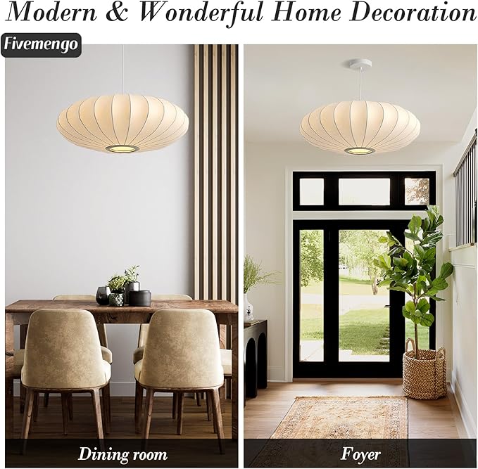 Large 23.6 inch Lantern Pendant Light, White Imitation Silk Lampshade, Bubble Pendant Light, Hanging Lamp Simple Chandelier for Living Dinning Room Kitchen Island Bedroom Restaurant Cafe