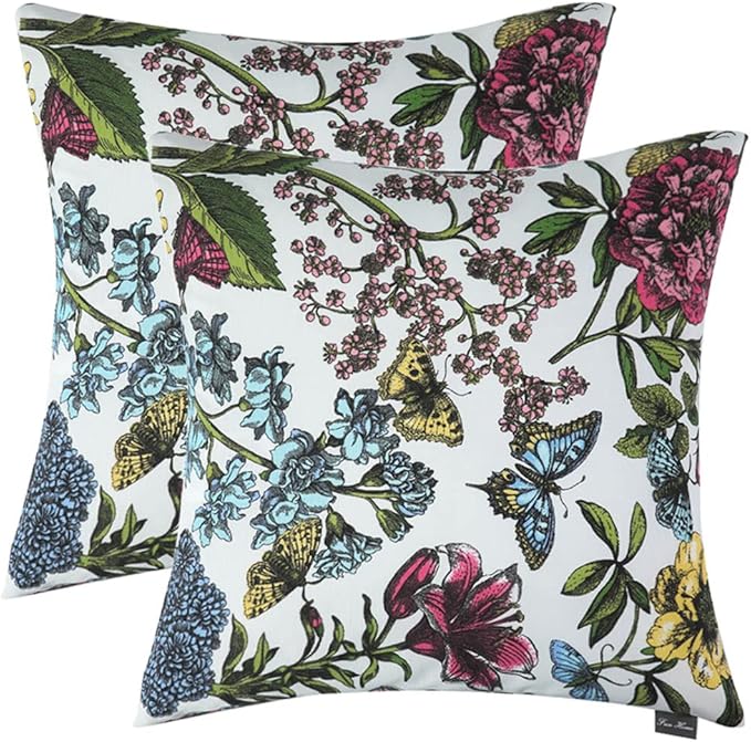 Water Resistant Outdoor Throw Pillows for Patio Furniture,18x18 Inch Decorative Pillows Set of 2 with Insert,Hidden Zipper Headrests for Sofa Couch Chair(Butterfly Flower)