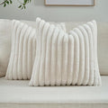 FUTEI Cream White Striped Decorative Throw Pillow Covers 16x16 Inch Set of 2,Square Winter Decorations Couch Pillow Case,Soft Cozy Faux Rabbit Fur & Velvet Back,Modern Home Decor for Bed
