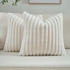 FUTEI Cream White Striped Decorative Throw Pillow Covers 24x24 Inch Set of 2,Square Winter Decorations Couch Euro Pillow Case,Soft Cozy Faux Rabbit Fur & Velvet Back,Modern Home Decor for Bed