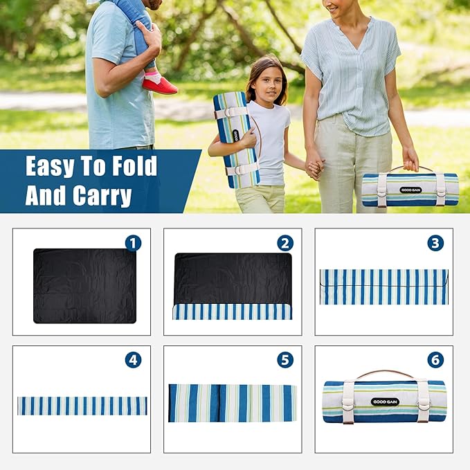 G GOOD GAIN Waterproof Picnic Blanket Portable with Carry Strap for Beach Mat or Family Outdoor Camping Party（Cobalt）