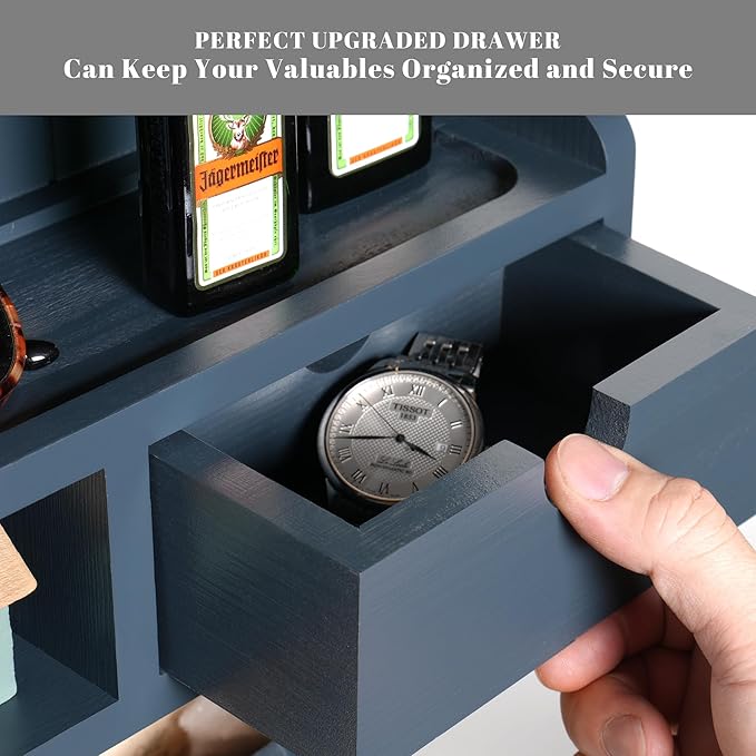 Wall Mail Organizer with Storage Drawer and 6 Hooks, Easy Install Key Rack for Entryway and Home Decor, Luxury Gray