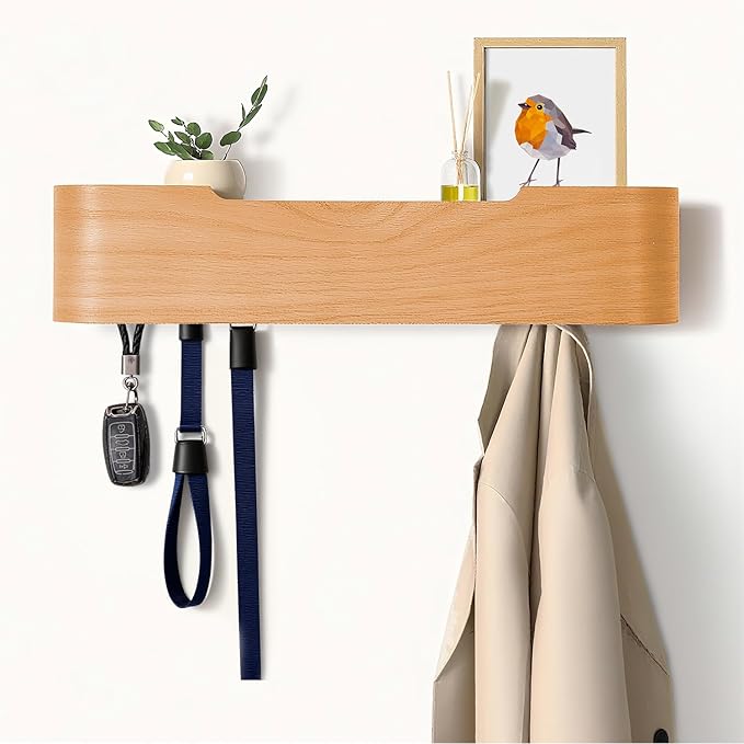 Coat Hooks Wall Mount with Shelf, 4 Hidden Hooks, 16.5 Inch Entryway Organizer for Coats, Hats, Bags, Keys, Decorative Wall Hooks (Beige, 4 Hooks)