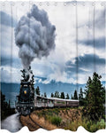 Retro Steam Train Theme Bathroom Bathtubs Fabric Shower Curtains Railroad Mountain Shower Curtain Set with 12 Hooks 72 x 72 inches Polyester Machine Washable, Black Green and White