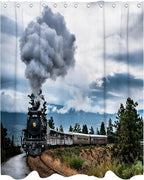 Retro Steam Train Theme Bathroom Bathtubs Fabric Shower Curtains Railroad Mountain Shower Curtain Set with 12 Hooks 72 x 72 inches Polyester Machine Washable, Black Green and White