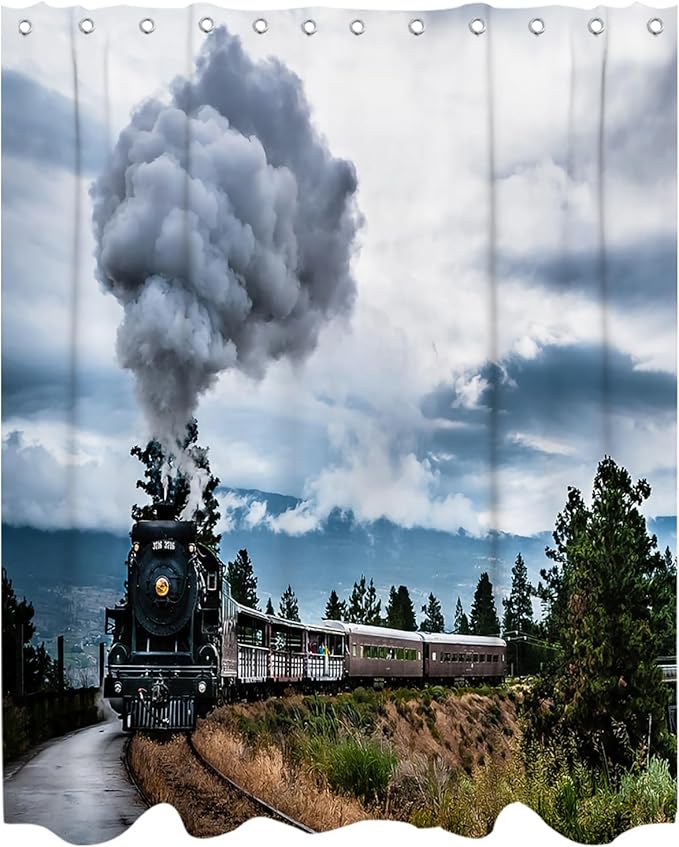 Retro Steam Train Theme Bathroom Bathtubs Fabric Shower Curtains Railroad Mountain Shower Curtain Set with 12 Hooks 72 x 72 inches Polyester Machine Washable, Black Green and White