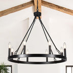 Black Wagon Wheel Chandelier Diam 26 inch 8 Light Black Farmhouse Chandeliers for Dining Room Rustic Round Pendant Light Fixtures for Living Room Kitchen Island Foyer Entryway