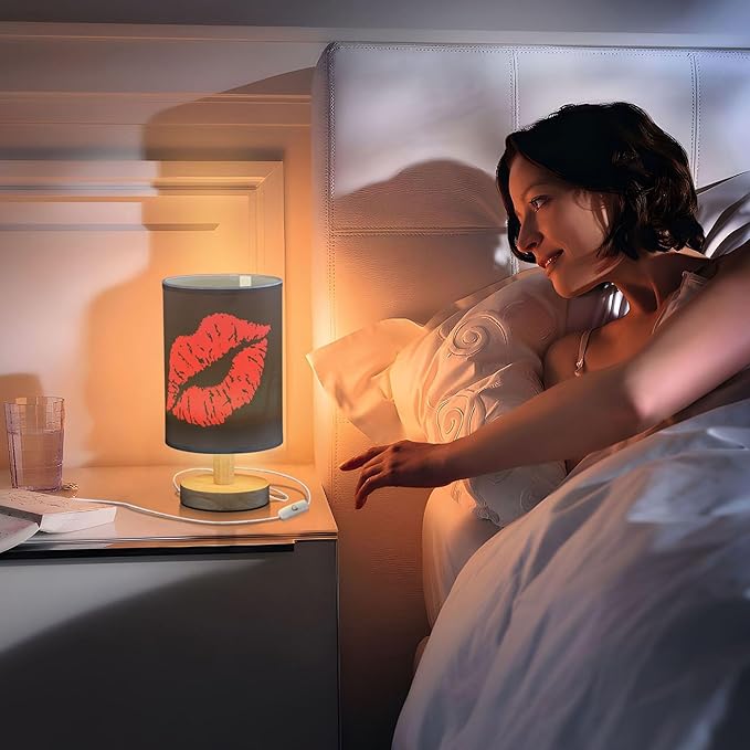 Table Lamp Sexy Red Lip on Black Nightstand Lamp with Wood Base Fabric Lamp Shade Bedside Desk Lamp for Living Room Bedroom Kids Room Office