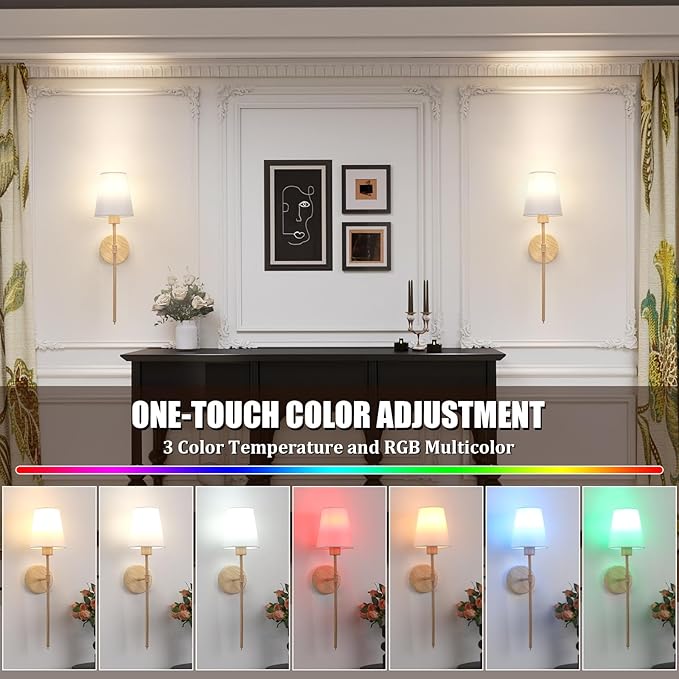 Battery Operated Wall Sconces Set of 2, Beech Color Wall Lamp 5000 mAh Rechargeable Bulb with 12 RGB Colors Dimmable Wall Sconce for Living Room Bedroom