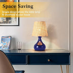 Navy Blue Small Table Lamp, Mini Bedroom Lamps for Bedside Nightstand, Rattan Shade Small Table Lamps for Small Spaces for Kitchen Counter, Bookshelf, Home Office, Living Room, Dorm