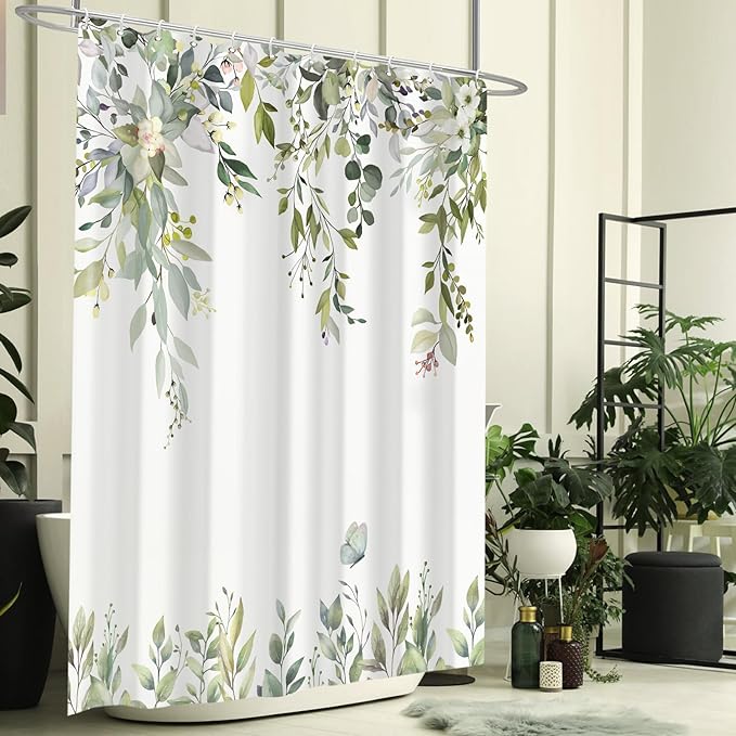 Eucalyptus Shower Curtain, Sage Green Watercolor Leaves with Floral Botanical Bathroom Decor, Waterproof Fabric Bath Curtain Set with Hooks, 72x84 Inches
