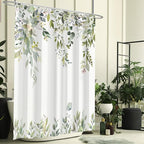 Eucalyptus Shower Curtain, Sage Green Watercolor Leaves with Floral Botanical Bathroom Decor, Waterproof Fabric Bath Curtain Set with Hooks, 72x84 Inches