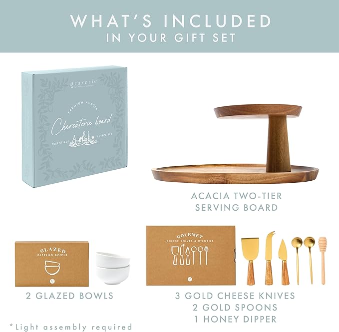 Charcuterie Boards Gift Set - Acacia Two-Tier Serving Tray Cupcake Stand Display with Knife Set and Bowls for Entertaining