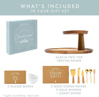 Charcuterie Boards Gift Set - Acacia Two-Tier Serving Tray Cupcake Stand Display with Knife Set and Bowls for Entertaining