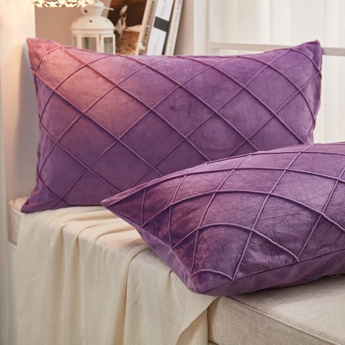 JAUXIO Diamond Pinch Pleated Crystal Velvet Pillowcases 2 Pack Solid Pintuck Throw Cushion Cover for Home Decor Hidden Zipper Closure (Purple, Standard)
