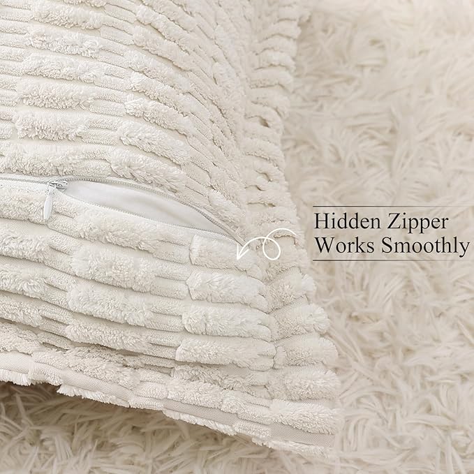 decorUhome Decorative Cream White Fall Throw Pillow Covers 12x20 Set of 2 with Splicing, Boho Lumbar Soft Neutral Corduroy Broadside Twill Pillow Covers for Couch Bed Sofa Living Room
