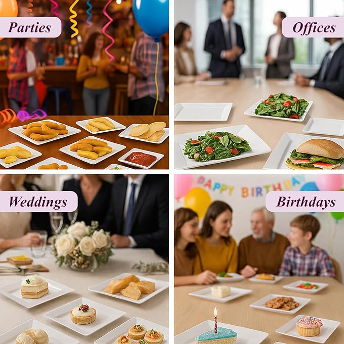 Aya's 60ct White Square Disposable Plates - Heavy Duty Plastic Party Plates for Christmas, Thanksgiving (30 Dinner & 30 Salad)