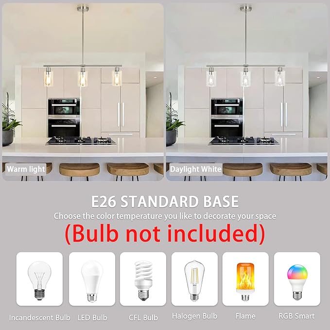 3 Lights Kitchen Island Lighting Brushed Nickel Pendant Light Fixtures with Glass Shade 31" Dining Room Chandeliers Adjustable Height Modern Linear Ceiling Hanging Light for Living Room, Foyer