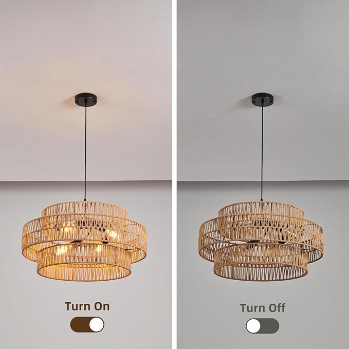 3-Tier Large Rattan Chandeliers, 22.8in Boho Coastal Pendant Lights, Wicker Hanging Ceiling Lights Hemp Rope Lighting Fixture, for Dining Room, Kitchen Island, Living Room