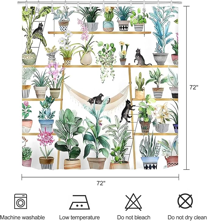 Green Potted Plant Shower Curtain Cactus Leaf Floral Black Cat Shower Curtains for Bathroom Waterproof Polyester Fabric Bathroom Curtain 72 x 72 Inch with 12 Plastic Hooks