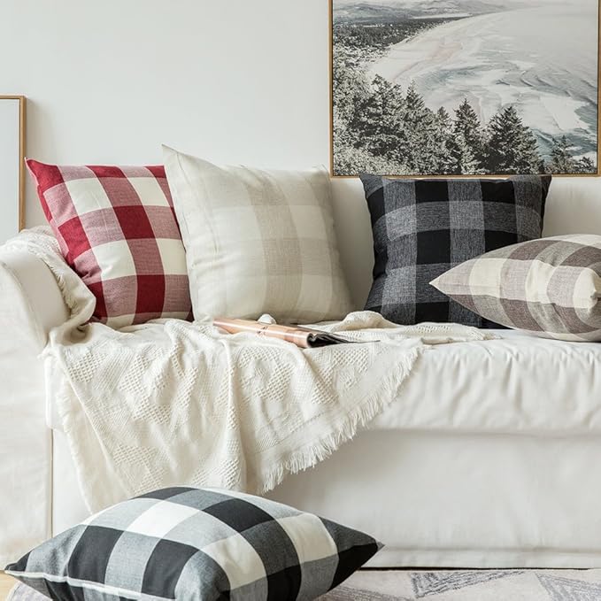 MIULEE Pack of 2 Christmas Farmhouse Checkers Buffalo Plaids Polyester Linen Soft Solid White and Red Decorative Porch Throw Pillow Covers Home Decor Cushion Case for Sofa Bedroom 16 x 16 Inch