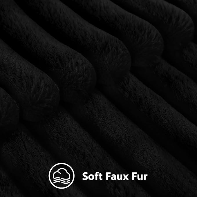 decorUhome Faux Fur Throw Pillow Covers 24x24 Set of 2, Decorative Soft Plush Striped Neutral Couch Euro Pillow Covers with Velvet Back for Sofa, Bed, Living Room Home Decor, Black