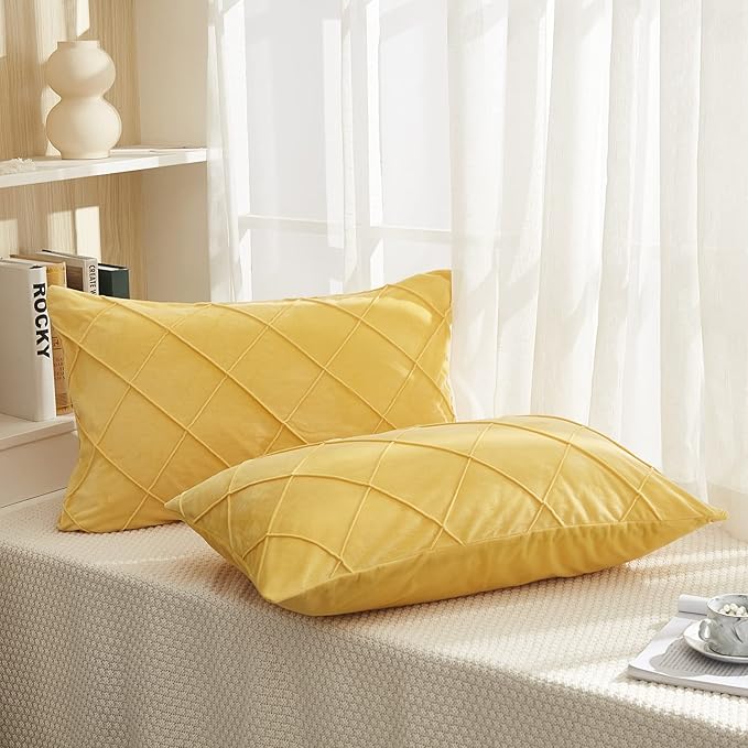 JAUXIO Diamond Pinch Pleated Crystal Velvet Pillowcases 2 Pack Solid Pintuck Throw Cushion Cover for Home Decor Hidden Zipper Closure (Yellow, King)