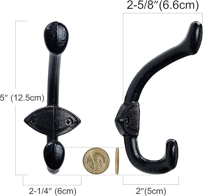 SKOLOO Black Wall Hooks Heavy Duty - Farmhouse Style Cast Iron Hooks, Pack of 5 - Ideal for Backpack, Coat, and Towel Hooks - Perfect for Entryway, Mud Room, and Bathroom Storage