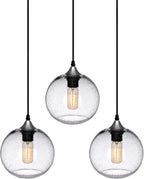 ARIAMOTION Pendant Lights Kitchen Island 3 Pack Hand Blown Glass Modern Farmhouse Lighting Clear Seeded Bubbles Dining Room Table Coffee Bar Counter Brushed Nickel Globe Shape 7.5 Inch Diam