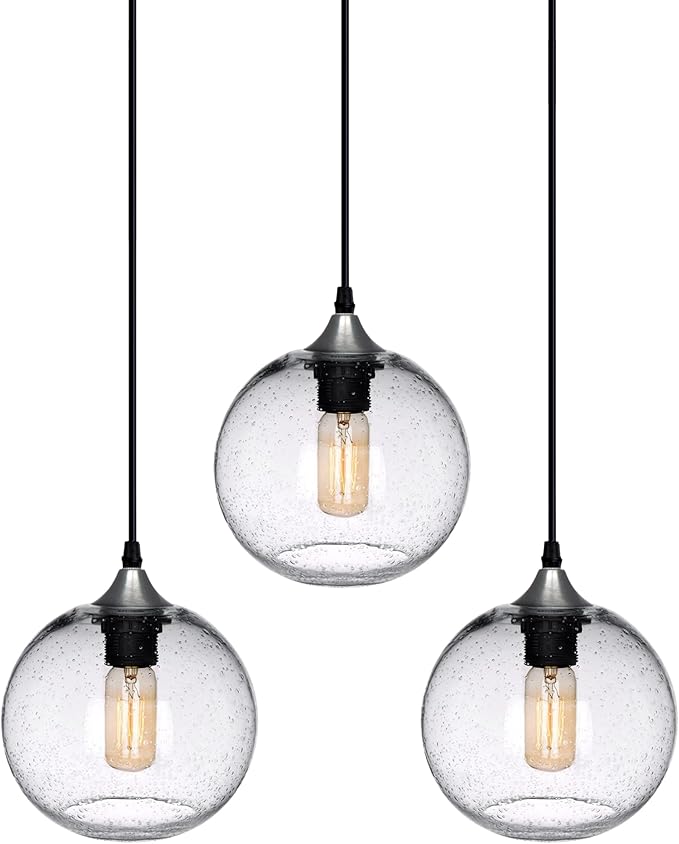 ARIAMOTION Pendant Lights Kitchen Island 3 Pack Hand Blown Glass Modern Farmhouse Lighting Clear Seeded Bubbles Dining Room Table Coffee Bar Counter Brushed Nickel Globe Shape 7.5 Inch Diam