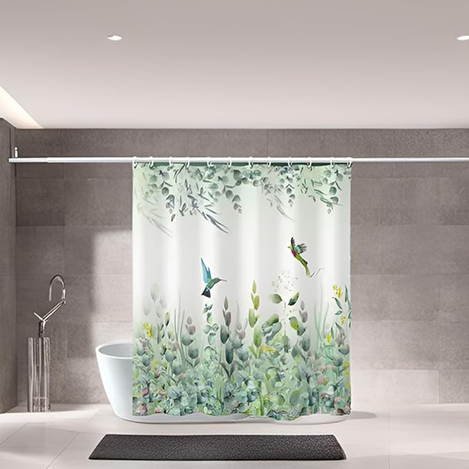 Green Leaf Shower Curtain - 72"W x 78"L with 12 Hooks, Weighted Hem, Waterproof, Sage Green