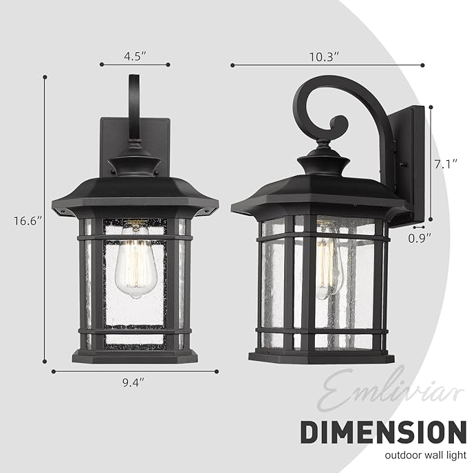 Emliviar Outdoor Wall Lights for House, 1-Light Exterior Wall Sconce Black Finish with Clear Seeded Glass, 17" Height, 22021M