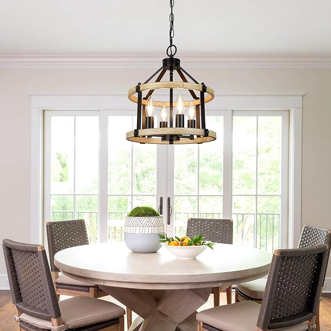 4-Light Farmhouse Chandelier, 12.5 Inch Rustic Black and Vintage Wood Finish Chandeliers for Dining Room Light Fixture, Adjustable Height Hanging Light for Kitchen Island, Entryway, Indoor