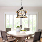 4-Light Farmhouse Chandelier, 12.5 Inch Rustic Black and Vintage Wood Finish Chandeliers for Dining Room Light Fixture, Adjustable Height Hanging Light for Kitchen Island, Entryway, Indoor