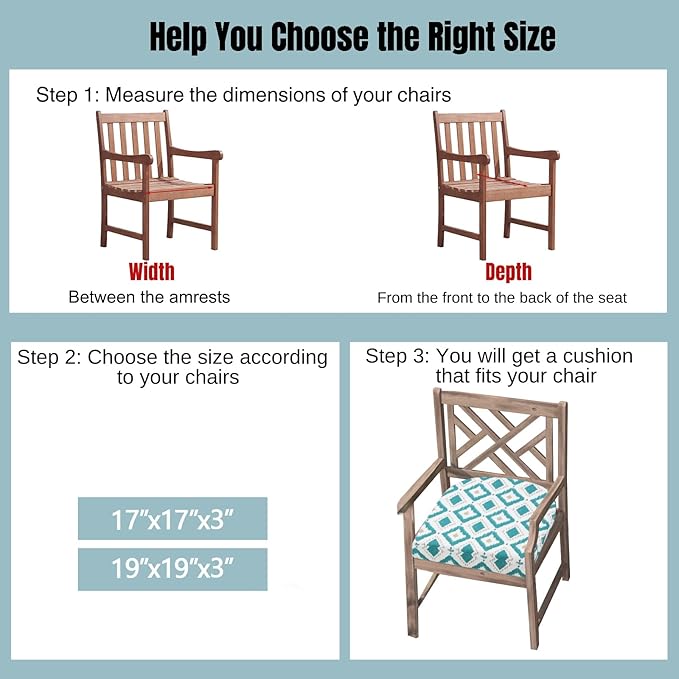 idee-home Outdoor Chair Cushions Set of 2, Thick 17" x 17" x 3" Outdoor Seat Cushions Patio Furniture Waterproof with Ties, Dining Pads
