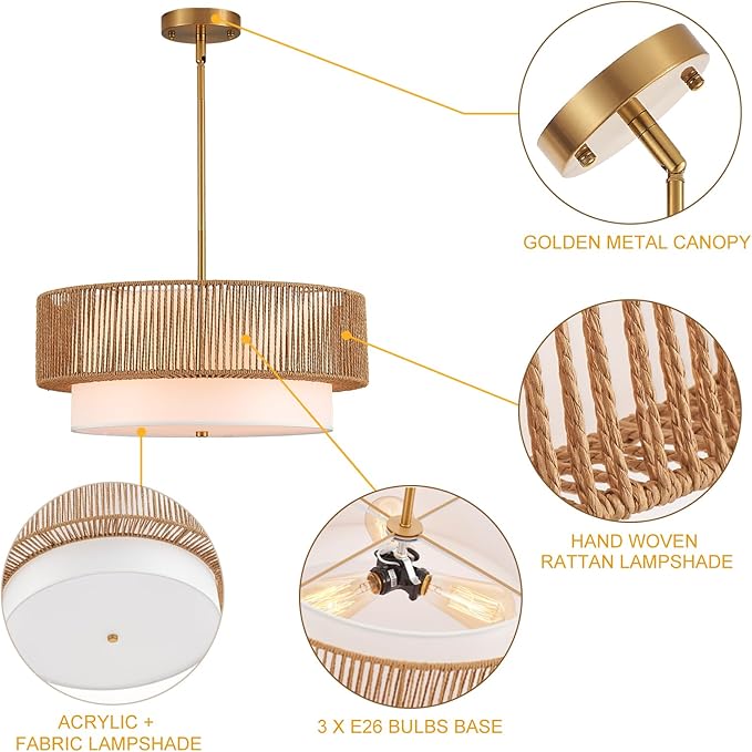 19" Bamboo Rattan Chandelier Hand-Woven Hanging Light Fixture Golden Drum Chandelier with Fabric Shade Vintage Farmhouse Bamboo Wicker Light Fixtures for Dining Room, Kitchen, Living Room