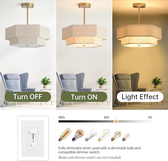 Modern Semi Flush Mount Ceiling Light 15.7" Boho Light Fixture with Linen Shade, Double Drum 3-Light Entryway Pendant Light, Close to Ceiling Light Fixtures for Living Room Bedroom Nursery