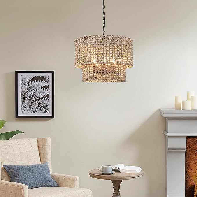 18.9" Rattan Farmhouse Chandelier 5-Light Large Boho Wicker Pendant Light Fixtures Hanging Coastal Drum Lighting Hand 2 Tier Woven Chandeliers for Living Room Dining Room Kitchen Island Foyer Entryway