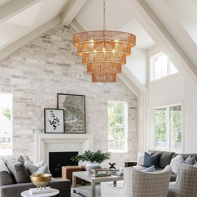 25.6" Large Rattan Chandelier Vintage Farmhouse 8-Lights Boho Hand-Woven Bamboo Chandeliers Light Fixture Drum Wicker Rattan Golden Chandelier for Dining Room, Kitchen, Living Room, Bedroom