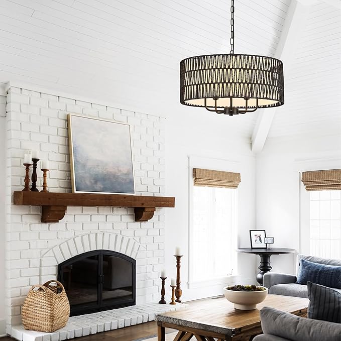 Boho Hand-Woven Black Rattan Chandelier with Linen Vintage Farmhouse Bamboo Drum Chandeliers Light Fixture Modern Wicker Rattan Chandelier for Dining Room, Kitchen, Living Room
