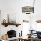 Boho Hand-Woven Black Rattan Chandelier with Linen Vintage Farmhouse Bamboo Drum Chandeliers Light Fixture Modern Wicker Rattan Chandelier for Dining Room, Kitchen, Living Room