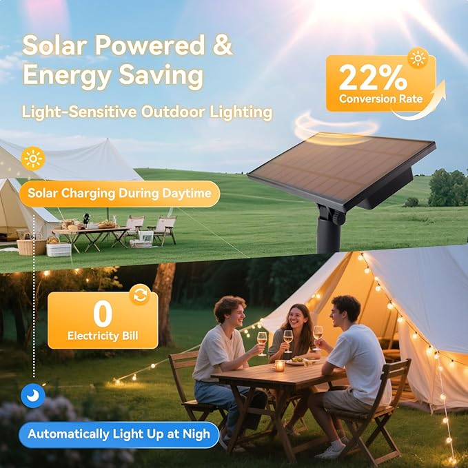 HJQ 60FT Solar String Lights Outdoor, Waterproof Patio Lights Solar-Powered with Remote & USB Charging, 20+1 LED Shatterproof Bulbs, 3 Modes, Dimmable Solar Hanging Lighting for Garden Backyard Decor