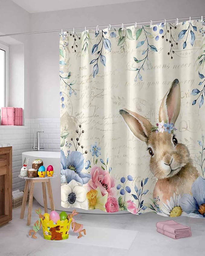 Vandarllin Spring Easter Shower Curtain, Floral Bunny Shower Curtains Set with Hooks, Flower Leaves Rabbit Waterproof Fabric Bathroom Curtains Decor Home Accessories,72 X 78 Inch Long